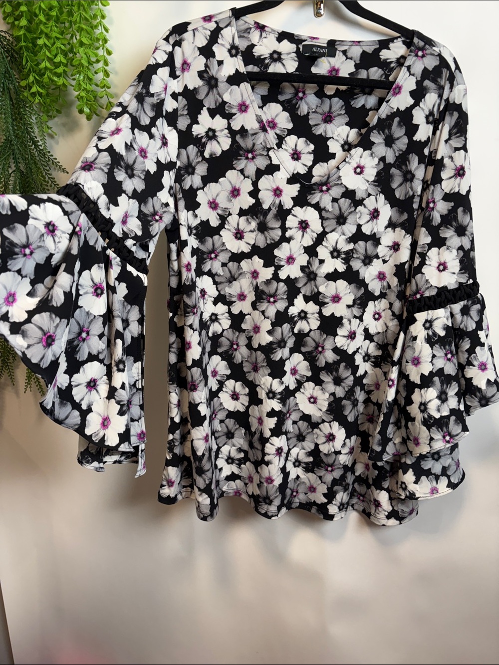 Alfani Black Floral V-Neck Ruffle-Sleeve Blouse with Pink Accents